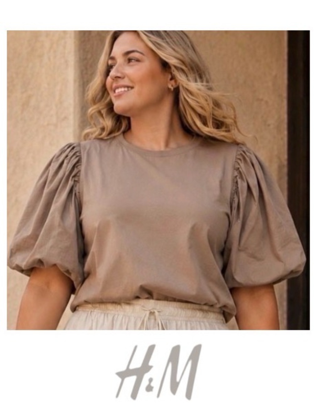XXL Voluminous Sleeve Short Sleeve Cotton Top in Taupe from H&M